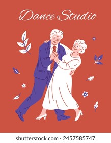 Dance studio for adults. Vector illustration of an elderly man and woman dancing joyfully. Happy elderly couple on a bright red background for promotional posters with space for text.
