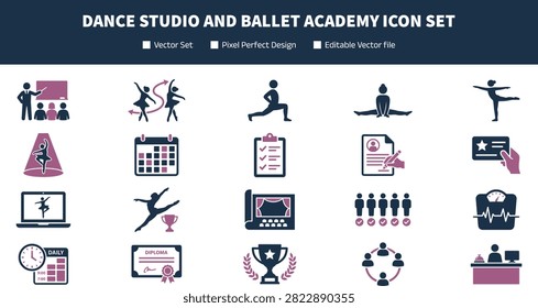 Dance Studio and Ballet Academy Icon Set with Performance Training and Competition Symbols for Creative Education Design Projects