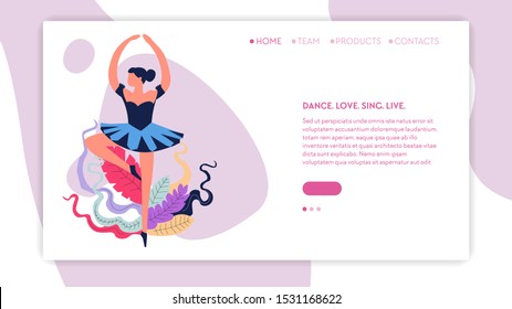 Dance studio, ballet school official website home page template. Dancer in tutu doing pirouette move and whirling. Performance tickets sale, classes promo, link to contacts. Flat vector illustration.