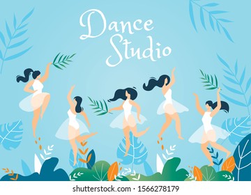 Dance Studio Inscription. Advertising Banner with Young Women Characters in Dresses Elegantly Moving with Tropical Leaves Branches over Exotic Foliage on Blue Copy Space. Vector Cartoon Illustration