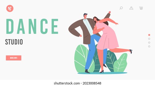 Plantilla de la página de inicio de Dance Studio. Pareja Joven bailando a media hora. Las personas, el hombre y la mujer en el estilo de vida activo, en las relaciones amorosas o amistosas, pasan tiempo juntos. Disco Dance. Ilustración del vector de dibujos animados