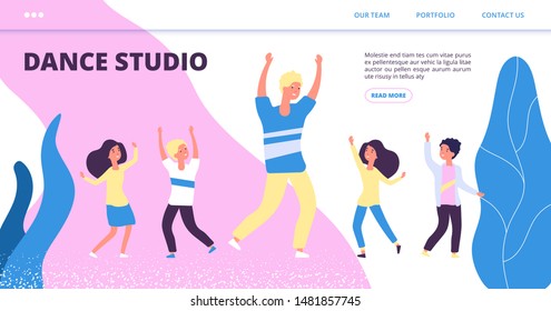 Dance studio landing page. Vector happy dancing kids and man. Flat dancer characters illustration