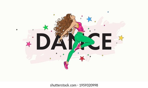 Dance studio landing web page, concept banner design template. Vector illustration of dancing woman