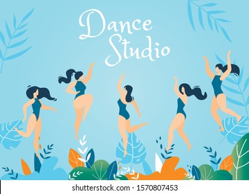 Dance Studio Lettering Welcome Flat Poster with Female Dancers Characters Moving over Tropical Plant Leaves. Cartoon Young Women Wearing Training Suits. Choreography Classes. Vector Illustration