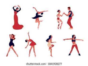 Dance studio. Set of happy active positive women dancing. Ballerina in a tutu, wearing pointe shoes, couple dancing salsa, flamenco dancer . Vector illustration