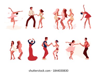 Dance studio. Set of happy active positive mem and women dancing. Ballerina in a tutu, wearing pointe shoes, couple dancing salsa, flamenco dancer . Vector illustration