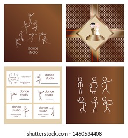 Dance Studio. Vector doodle illustration. Posture stickman. Set of elements, backgrounds, cards, emblems for decoration. Various dance poses, collection of stick figures.
