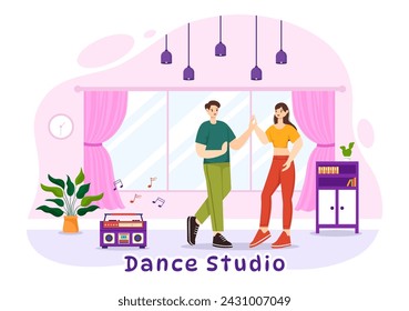 Dance Studio Vector Illustration with Dancing Couples Performing Accompanied by Music in Flat Cartoon Background Design