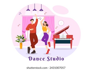 Dance Studio Vector Illustration with Dancing Couples Performing Accompanied by Music in Flat Cartoon Background Design