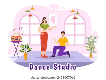 Dance Studio Vector Illustration with Dancing Couples Performing Accompanied by Music in Flat Cartoon Background Design