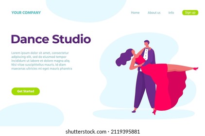 Dance studio. Young couple in elegant dressing having dancing class. Woman and man on choreography. Hobby on leisure time vector website. Characters having active lifestyle landing page