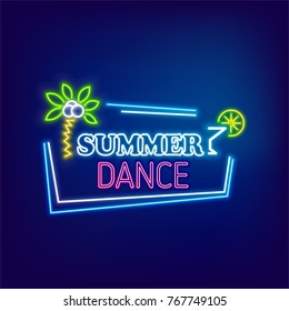 Dance summer party season icon neon sign, symbol. Colored banner. Advertise palm tree cocktail disco symbol. Lamp shine billboard vector illustration label design. Vintage fashion.