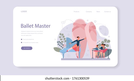 Dance teacher or choreographer in ballet studio web banner or landing page. Dancing courses for children and adults. Classical ballet. Vector Illustration