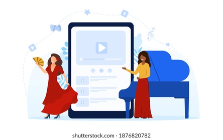 Dance teacher or choreographer making online dance casting near piano. Concept of dancing courses for children and adults online from the comfort of your home. Flat cartoon vector illustration