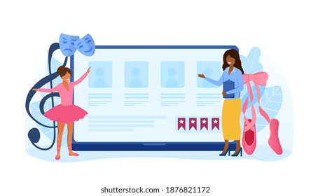 Dance teacher or choreographer making online dance casting. Concept of dancing courses for children and adults online from the comfort of your home. Flat cartoon vector illustration