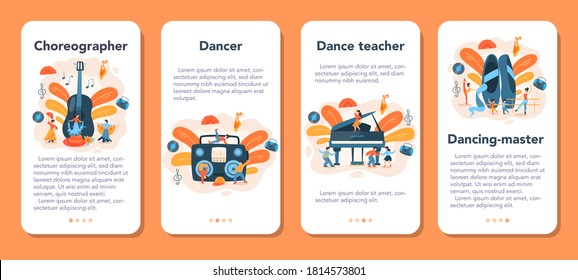 Dance teacher or choreographer mobile application banner set. Dancing courses for children and adults. Classical ballet, latin or modern street dance. Vector Illustration