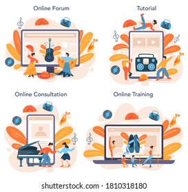 Dance teacher or choreographer online service or platform set. Dancing courses, classical ballet, latin or modern street dance. Online consultation, forum, tutorial, training. Vector Illustration