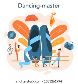 Dance teacher or choreographer in dance studio. Dancing courses for children and adults. Classical ballet, latin or modern street dance. Vector Illustration