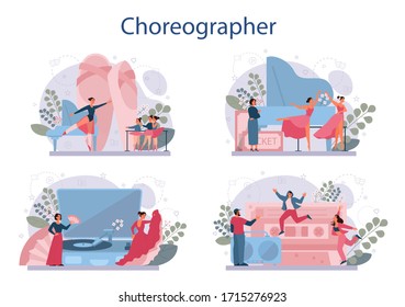 Profesor de danza o coreógrafo en el estudio de danza. Cursos de baile para niños y adultos. Ballet clásico, danza latina o moderna de la calle. Ilustración vectorial