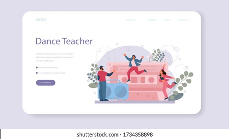 Dance teacher or choreographer in dance studio web banner or landing page. Dancing courses for children and adults. Modern street dance. Vector Illustration