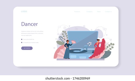 Dance teacher or choreographer in dance studio web banner or landing page. Dancing courses for children and adults. Latin dance. Vector Illustration