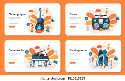 Dance teacher or choreographer web banner or landing page set. Dancing courses for children and adults. Classical ballet, latin or modern street dance. Vector Illustration