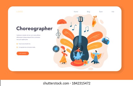Dance teacher or choreographer web banner or landing page. Dancing courses for children and adults. Classical ballet, latin or modern street dance. Vector Illustration