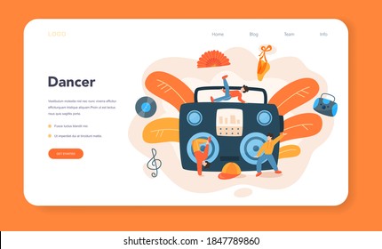 Dance teacher or choreographer web banner or landing page. Dancing courses for children and adults. Classical ballet, latin or modern street dance. Vector Illustration
