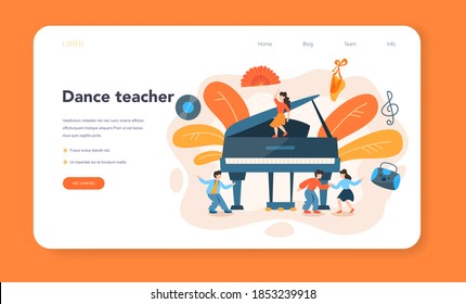 Dance teacher or choreographer web banner or landing page. Dancing courses for children and adults. Classical ballet, latin or modern street dance. Vector Illustration