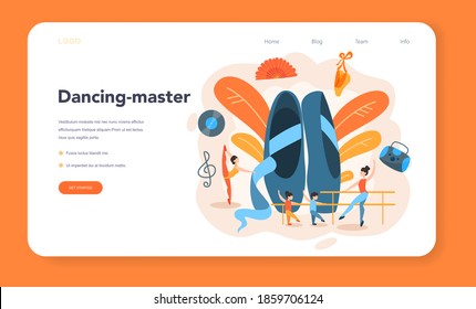 Dance teacher or choreographer web banner or landing page. Dancing courses for children and adults. Classical ballet, latin or modern street dance. Vector Illustration