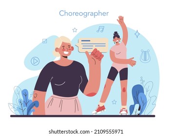 Dance teacher concept. Choreographer in a dance studio. Dancing courses for children and adults. Classical ballet or modern street dance. Vector flat illustration