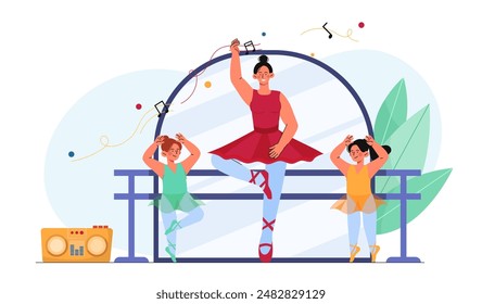 Dance teacher concept. Woman in red ballet dress dancing with children. Education and learning. Choreographer with children. Cartoon vector illustration isolated on white background