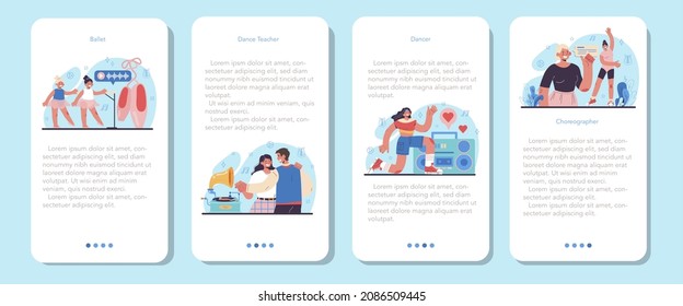 Dance teacher mobile application banner set. Choreographer in a dance studio. Dancing courses for children and adults. Classical ballet or modern street dance. Vector flat illustration