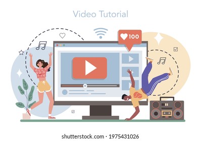 Dance Teacher Online Service Or Platform. Choreographer In A Dance Studio. Dancing Courses For Children And Adults. Video Tutorial. Vector Flat Illustration