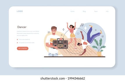 Banner web del profesor de danza o página de inicio. Coreógrafo en un estudio de danza. Cursos de baile para niños y adultos. Ballet clásico o danza moderna de la calle. Ilustración vectorial