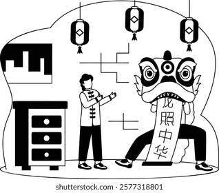 Dance trooper wearing Peking Opera Masks vector design, Chinese New Years Beginnings scene, Zodiac Wood Snake 2025 banner, China Spring Festival illustration, Ride the dragon dance rehearsal concept