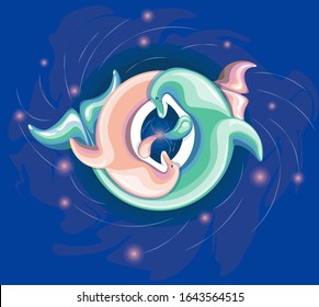 Dance of two dolphins: a guy and a girl. They are in love. They are together. They are happy.