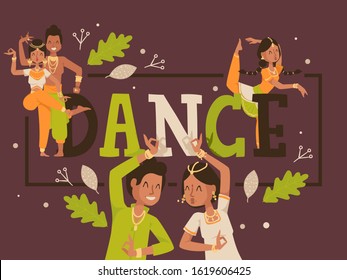 Dance typographic poster, vector illustration. Traditional Indian dancing, smiling people in national costume, happy dancer cartoon character, Indian man and woman. Brochure cover, invitation template