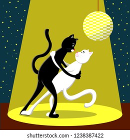 Dance under the light of a black and white cat. Illustration in flat style