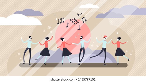 Dance vector illustration. Flat tiny motion performing art persons concept. Abstract artistic movement entertainment. Choreography occupation and profession. Social crowd group with active lifestyle.