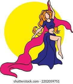 Dance. Vector illustration of oriental dance, stylized girl dancing belly dance. A girl with long hair and a beautiful dance costume