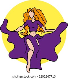 Dance. Vector illustration of oriental dance, stylized girl dancing belly dance. A girl with long hair and a beautiful dance costume