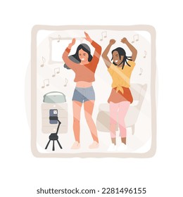 Dance video isolated cartoon vector illustration. Girls dancing together in front of the mirror, filming on smartphone camera, social media video challenge, friends having fun vector cartoon.