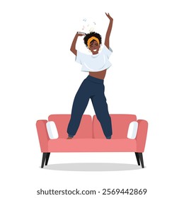 Dance woman at home listening to fun song or music from her phone on the sofa. Flat vector Character Illustration