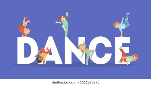 Dance Word Banner, Cute Kids Dancing on Giant Letters