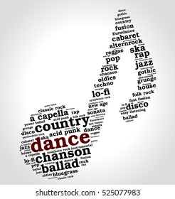 Dance. Word cloud, musical notes, gradient gray background. Variety of music.