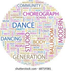 TANZEN. Word-Collage auf weißem Hintergrund. Illustration mit unterschiedlichen Assoziationsbegriffen.