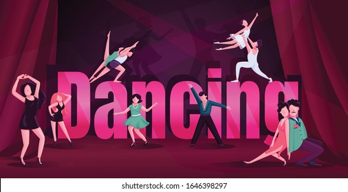 Dance word concepts flat color vector banner. Contemp, rumba competition. Typography with tiny cartoon characters. Tango, ballet, swing male and female dancers creative illustration