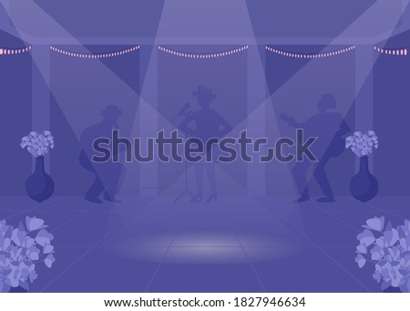 Dancefloor flat color vector illustration. Nightlife entertainment. Party night. Spotlight on dance floor. Wedding night celebration. Nightclub 2D cartoon interior with musical band on background
