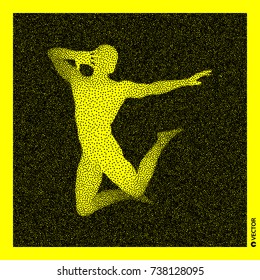 Dancer. 3D Human Body Model. Black and yellow grainy design. Stippled vector illustration.